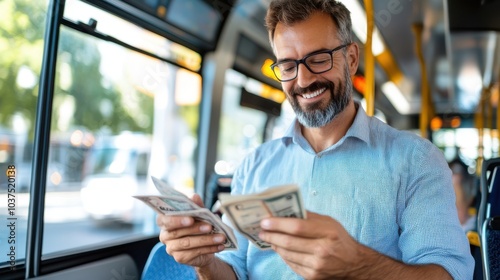 A bearded gentleman with a blue shirt smiles broadly as he counts a stack of dollar bills onboard a bustling city bus, amid the vibrant daytime scenery. photo