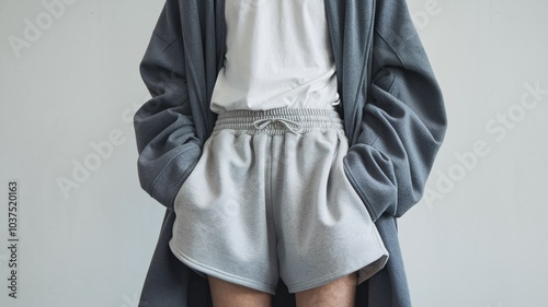 Cozy Comfort: Grey Sweatshorts and Oversized Cardigan. A stylish and relaxed outfit perfect for casual days.