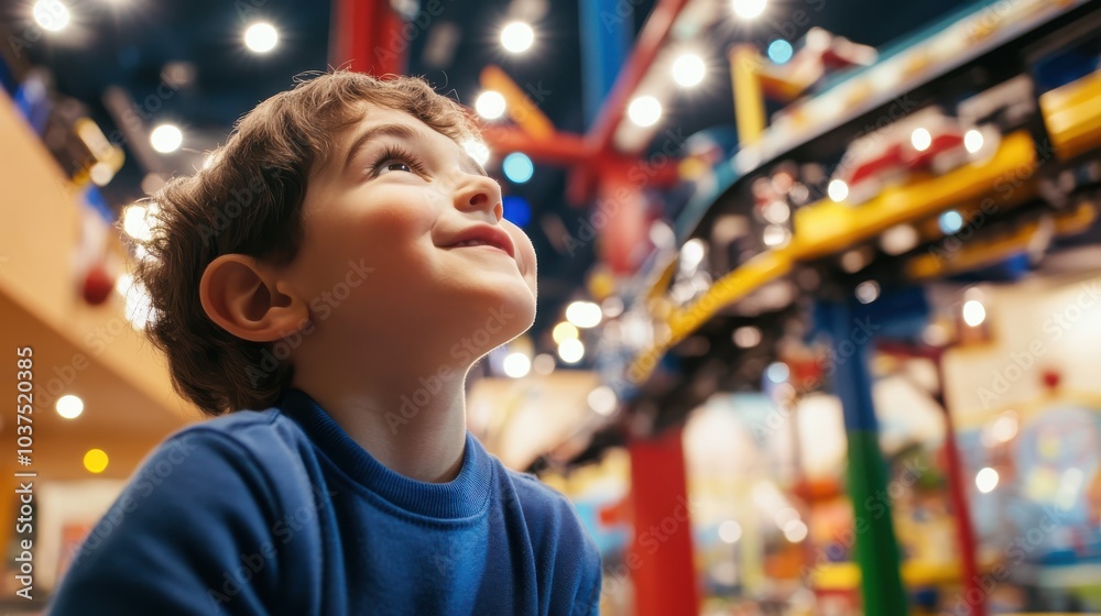 Obraz premium A young boy in a blue sweater looks up in awe at a colorful, intricately designed toy train exhibit, capturing his imagination and wonderment under bright lights.