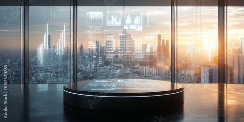 A sleek, polished podium set in the center of a sophisticated, modern office environment. The room is filled with floor-to-ceiling glass windows, offering a panoramic view of a bustling city skyline