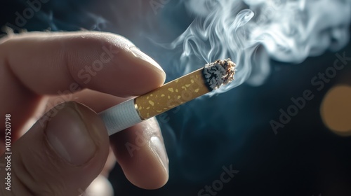 A detailed image showcasing a hand holding a lighted cigarette from which thin ribbons of smoke rise gracefully, captured with artistic lighting against the shadowed backdrop.