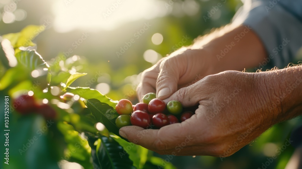 A farmer's hands carefully choose ripe coffee cherries directly from the plant under warm sunlight, symbolizing dedication and quality selection in coffee farming. A farmer's hands carefully choose ripe coffee cherries directly from the plant under warm sunlight, symbolizing dedication and quality selection in coffee farming.