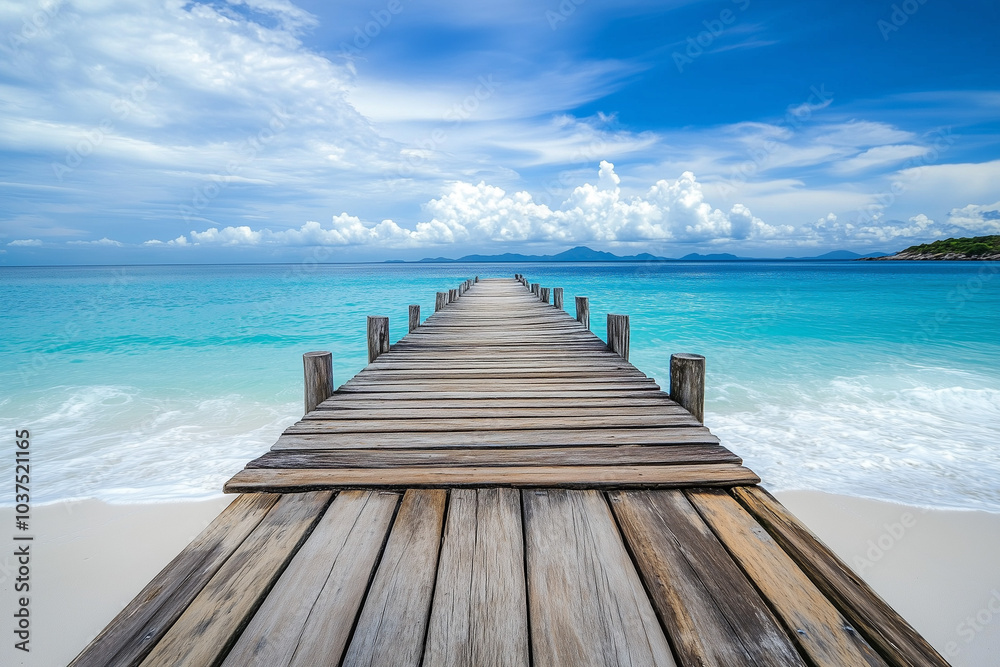 Wooden pier leading to the ocean with a white sand beach and turquoise water on a tropical island. Ample space for text. Wooden pier leading to the ocean with a white sand beach and turquoise water on a tropical island. Ample space for text.