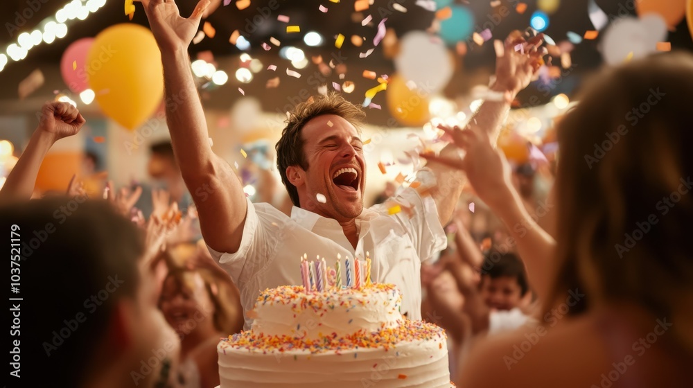A joyful man in a white shirt celebrates his birthday with a colorful cake amidst balloons, surrounded by a lively crowd, capturing a moment of pure happiness. A joyful man in a white shirt celebrates his birthday with a colorful cake amidst balloons, surrounded by a lively crowd, capturing a moment of pure happiness.