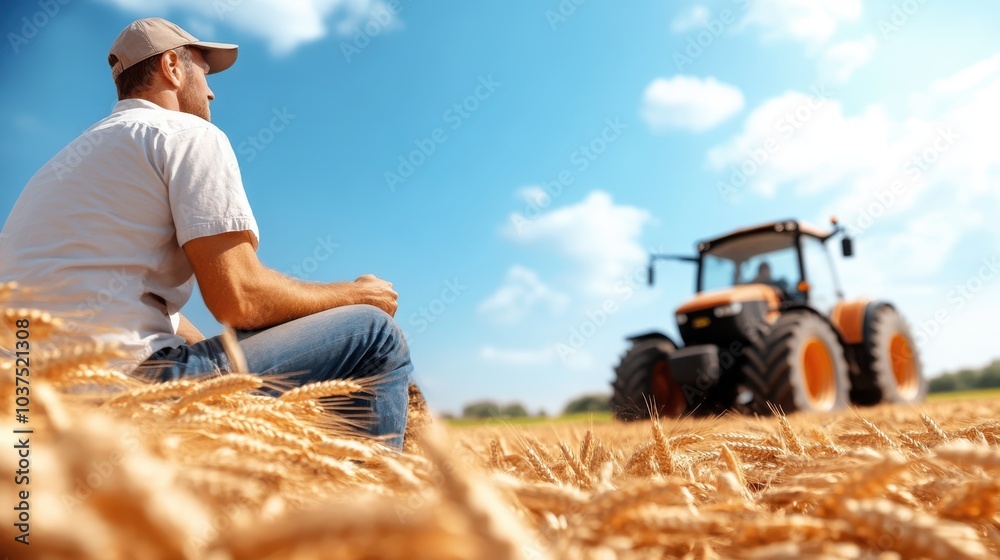 In a golden wheat field, a farmer watches a tractor, symbolizing the balance of tradition and modern farming in an expansive rural landscape under clear skies.