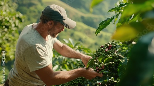 A farmer in a relaxed pose picks coffee cherries on a sunny hillside, illustrating traditional agricultural practices amidst lush green surroundings.