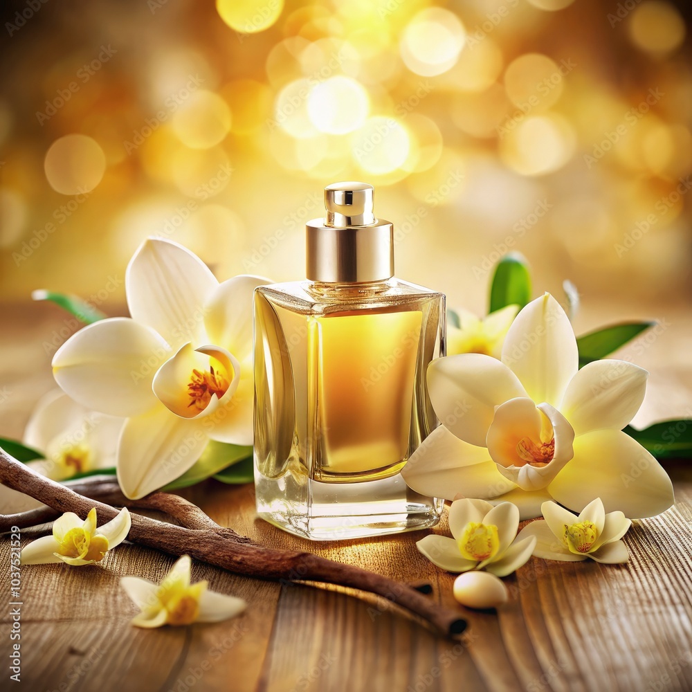 Elegant perfume bottle surrounded by flowers on a warm wooden table. Generative AI Elegant perfume bottle surrounded by flowers on a warm wooden table. Generative AI