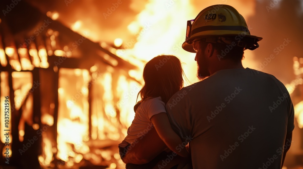 A heroic firefighter carries a child away from a dangerous and raging fire, illustrating courage, protection, and the human spirit in times of emergency. A heroic firefighter carries a child away from a dangerous and raging fire, illustrating courage, protection, and the human spirit in times of emergency.