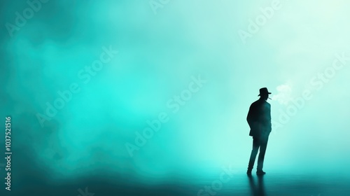 A lone silhouette stands in a misty, greenish atmosphere, surrounded by swirling smoke, evoking themes of mystery, solitude, and introspective contemplation.