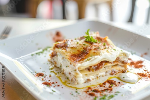 A dish of creamy lasagna with herbs and spices sits on a white plate. Concept of gourmet dining and Italian cuisine. For restaurant menus or food blogs