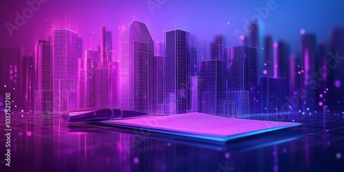  buildings with paper contract with a pen illustration and glowing dots for website design and digital marketing concept illustration. violet and blue background. Low-poly wire frame.