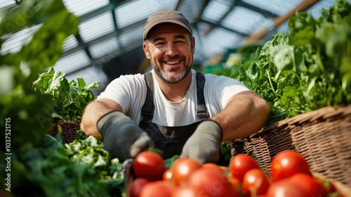 The image shows a delighted farmer joyfully collecting juicy tomatoes in a greenhouse corner, wearing an apron and gloves, surrounded by healthy green foliage. photo