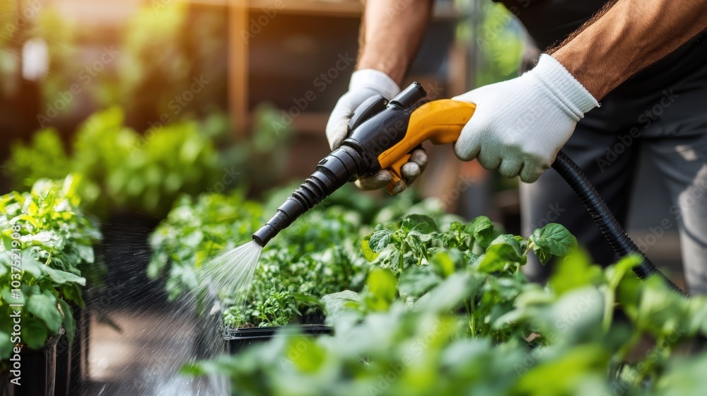 Obraz premium Hands in gloves using a modern hose to water healthy green plants, illustrating the synergy of technology and nature in contemporary gardening.