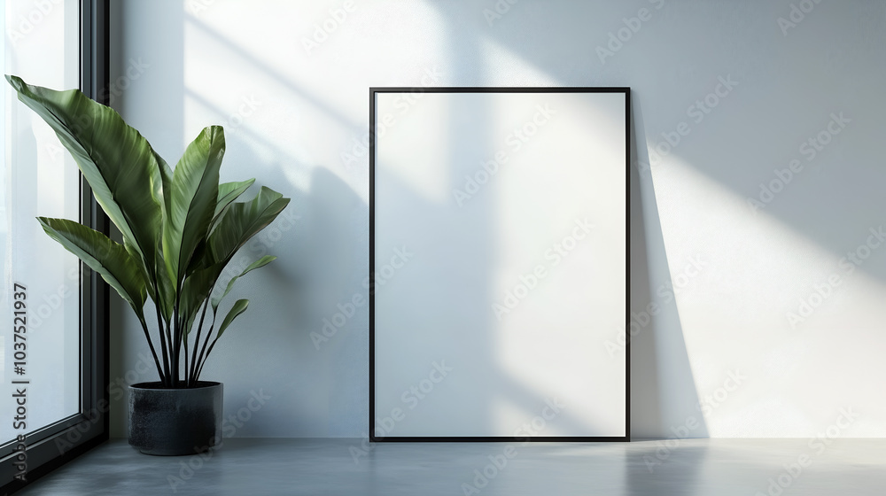bright and modern interior featuring a blank black-framed poster on a minimalist wall, accompanied by a lush green plant in a stylish pot, showcasing a serene and elegant atmosphere bright and modern interior featuring a blank black-framed poster on a minimalist wall, accompanied by a lush green plant in a stylish pot, showcasing a serene and elegant atmosphere