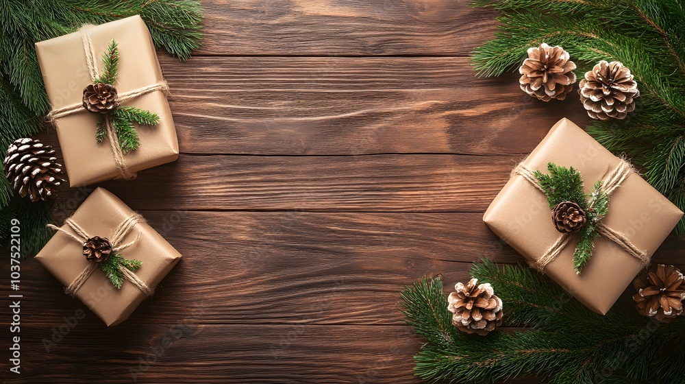 Rustic Christmas Gifts with Pine Cones and Evergreen Branches on a Wooden Table Rustic Christmas Gifts with Pine Cones and Evergreen Branches on a Wooden Table