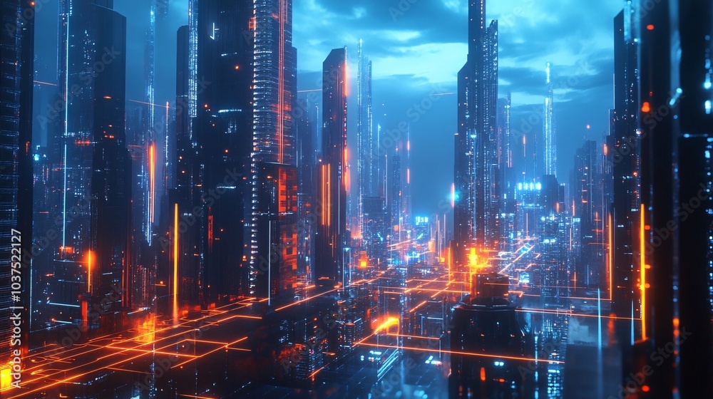Futuristic city skyline with neon lights. Futuristic city skyline with neon lights.