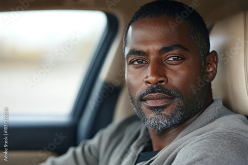 Portrait of a serious african american man driving a car with a beige interior, Generative AI