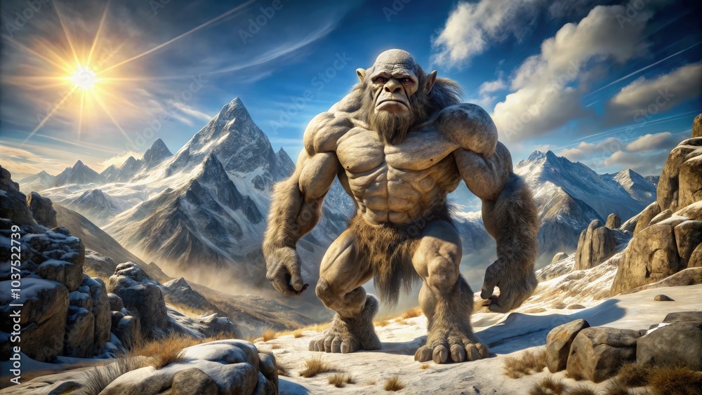 A stone giant troll stands proudly in a snowy mountain landscape under daylight A stone giant troll stands proudly in a snowy mountain landscape under daylight
