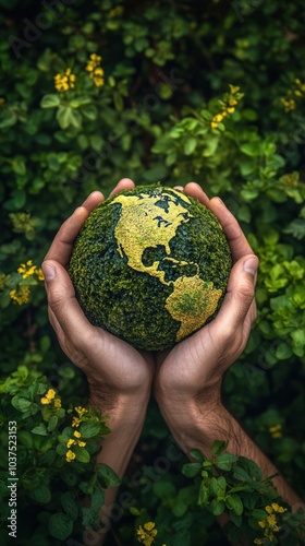 Human hands gently cradling a moss-covered Earth, symbolizing environmental care, sustainability, and nature conservation amid lush green surroundings. photo