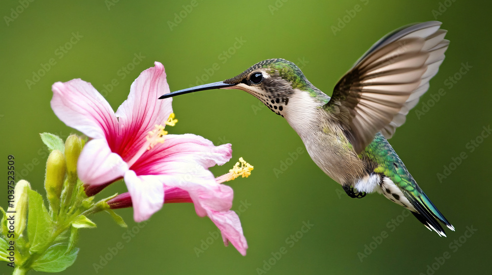 A hummingbird hovering near a blooming flower A hummingbird hovering near a blooming flower