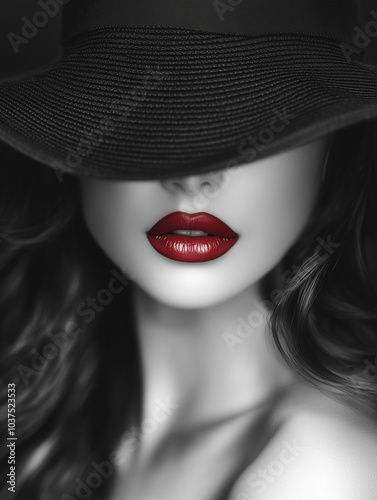 grayscale portrait of a woman in a charming hat and red highlighted lipstick