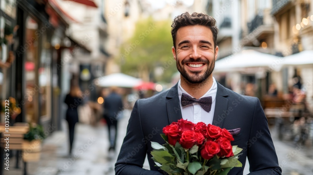 In a picturesque street, an immaculately dressed man in a dark suit with a bow tie shines a bright smile as he holds a vibrant bouquet of red roses. In a picturesque street, an immaculately dressed man in a dark suit with a bow tie shines a bright smile as he holds a vibrant bouquet of red roses.