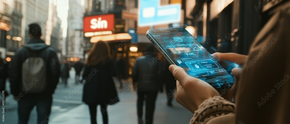 Obraz premium A scene of a person using a smartphone to make a digital payment in a bustling urban environment