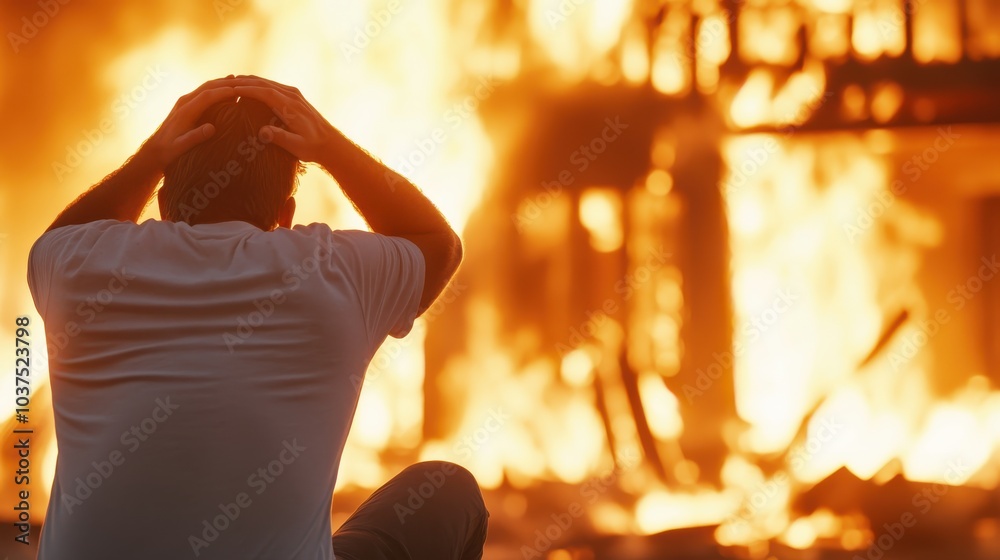 Φωτογραφία A man, overwhelmed by emotion, witnesses the fiery obliteration of a structure, with visible distress showcasing the intense impact of such a calamitous event