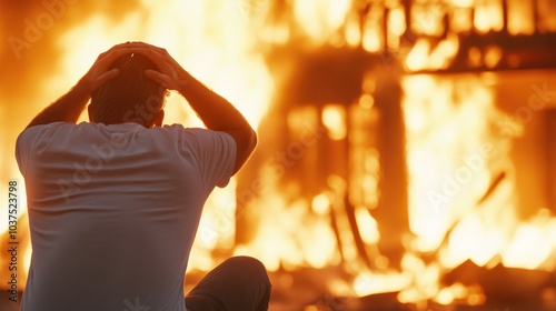 A man, overwhelmed by emotion, witnesses the fiery obliteration of a structure, with visible distress showcasing the intense impact of such a calamitous event.