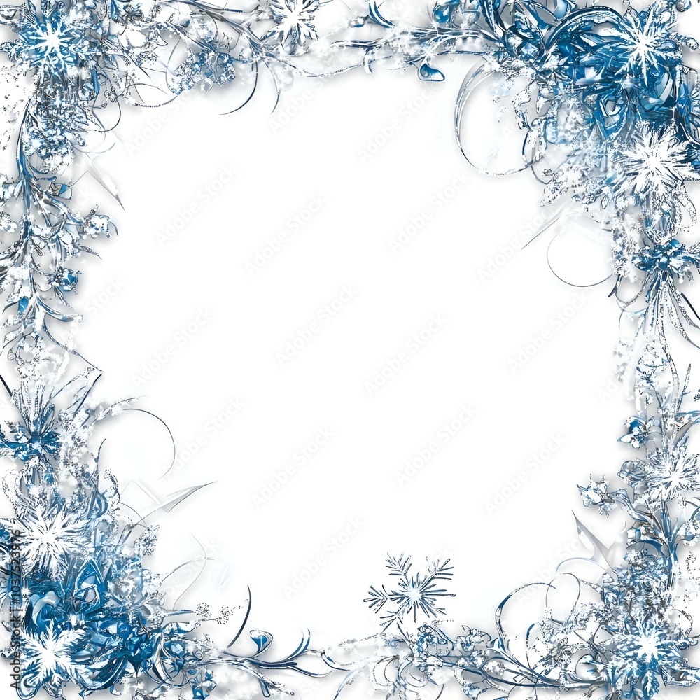 Elegant silver and blue snowflake frame with winter accents. Elegant silver and blue snowflake frame with winter accents.
