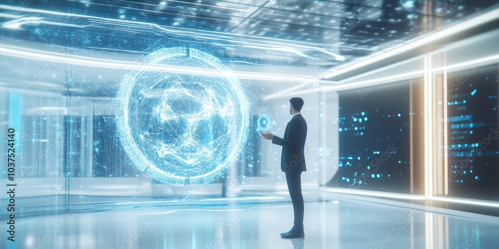 Futuristic office space, AI logo hologram, diverse AI tools floating as holograms, professional in suit interacting with holographic interface, bright and clean aesthetic, blue and white color scheme Futuristic office space, AI logo hologram, diverse AI tools floating as holograms, professional in suit interacting with holographic interface, bright and clean aesthetic, blue and white color scheme