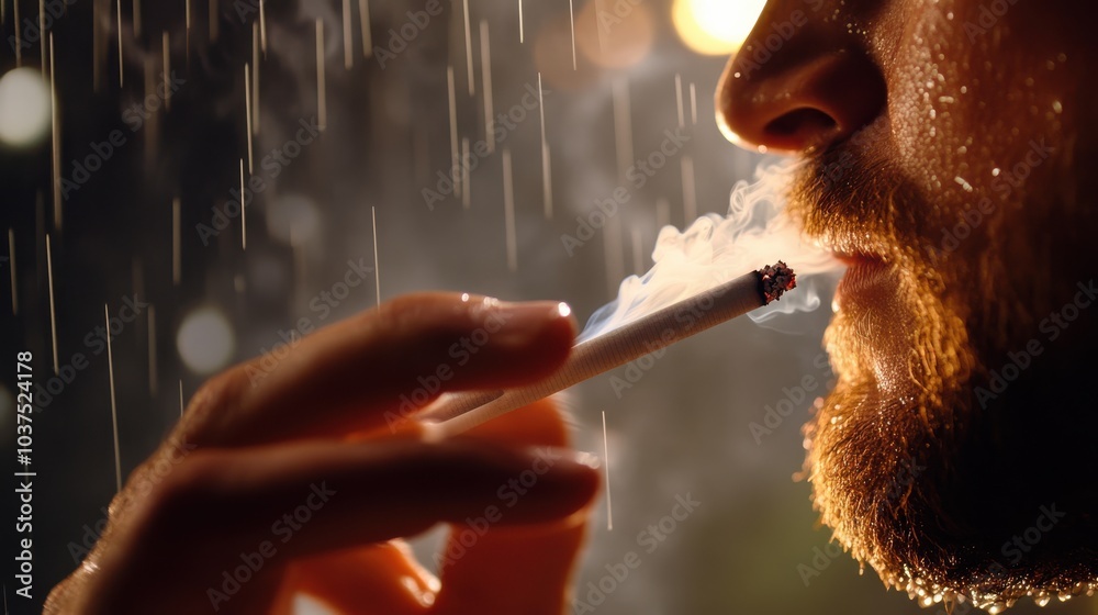 Fototapeta premium A close-up captures a man smoking in the rain, focusing on the interplay of water droplets and vivid colors, highlighting themes of solitude and contemplation.