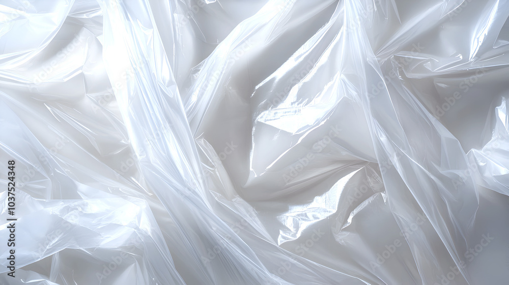 close-up of crumpled white plastic texture, abstract background with soft folds and reflective surface close-up of crumpled white plastic texture, abstract background with soft folds and reflective surface