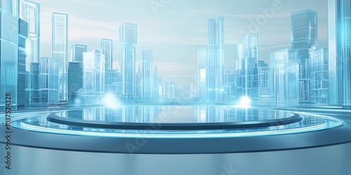  Blue background, circular stage with glass cube buildings on the left and right sides of it, futuristic cityscape style, glass material,