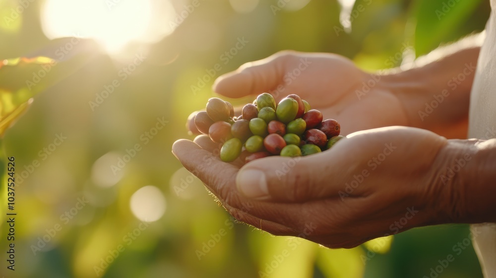 Hands gently cradle vibrant, fresh coffee beans at a plantation, capturing the essence of organic farming and the connection between humans and nature. Hands gently cradle vibrant, fresh coffee beans at a plantation, capturing the essence of organic farming and the connection between humans and nature.