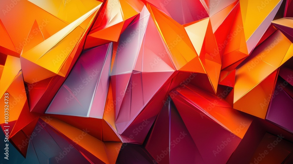 This vibrant image displays a close-up of three-dimensional triangular shapes in orange and pink hues, creating a modern abstract aesthetic.