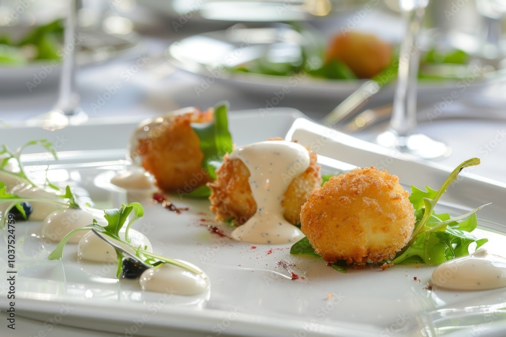 Golden croquettes are artfully plated with greens and creamy sauce. Concept is gourmet dining. For restaurant menu design.