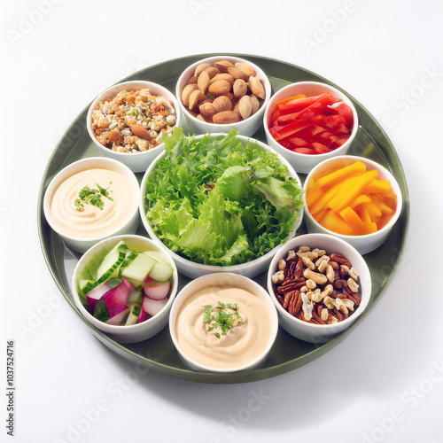 Indulge in a vibrant salad bar feast! Fresh greens, crunchy nuts, colorful veggies, and creamy dips await. Create your perfect salad masterpiece!