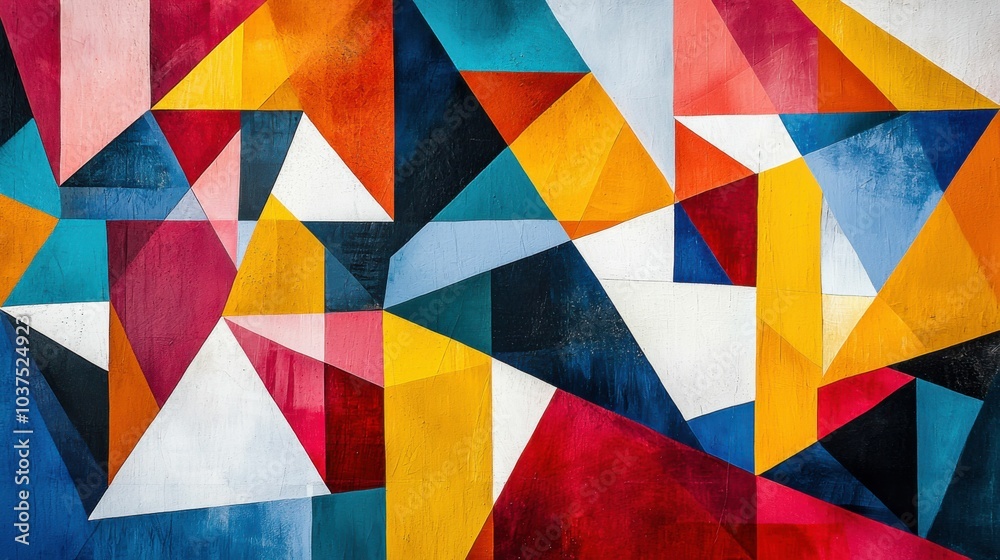 This is a vibrant abstract artwork filled with various geometric shapes in bold colors such as red, blue, yellow, and white, creating a dynamic visual experience. This is a vibrant abstract artwork filled with various geometric shapes in bold colors such as red, blue, yellow, and white, creating a dynamic visual experience.