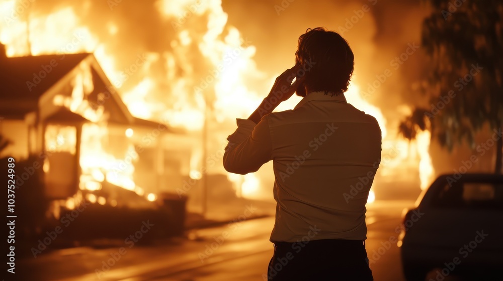 A man stands in the street at night, making a phone call while witnessing a large house fire, with flames engulfing the building in the background. A man stands in the street at night, making a phone call while witnessing a large house fire, with flames engulfing the building in the background.