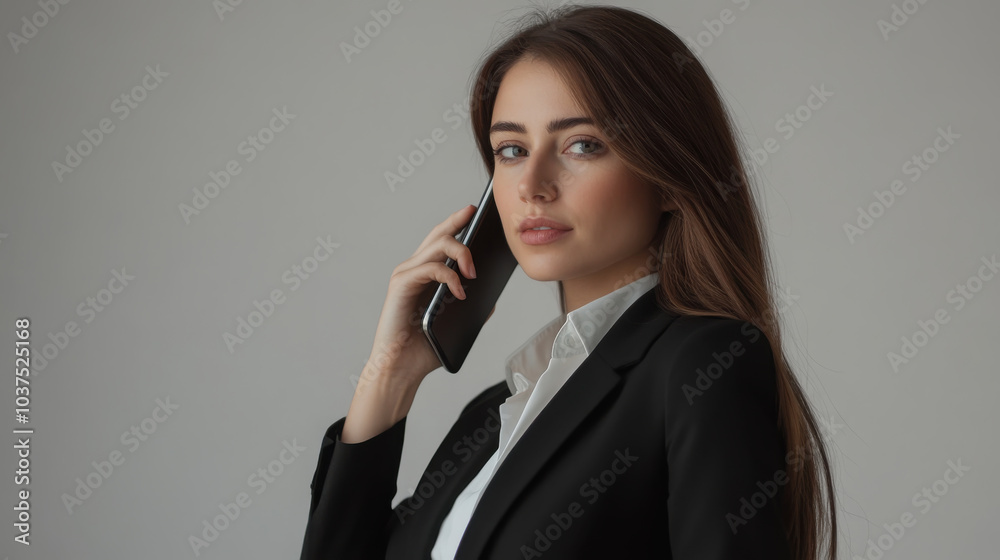 Confident businesswoman in black suit talking on smartphone Confident businesswoman in black suit talking on smartphone