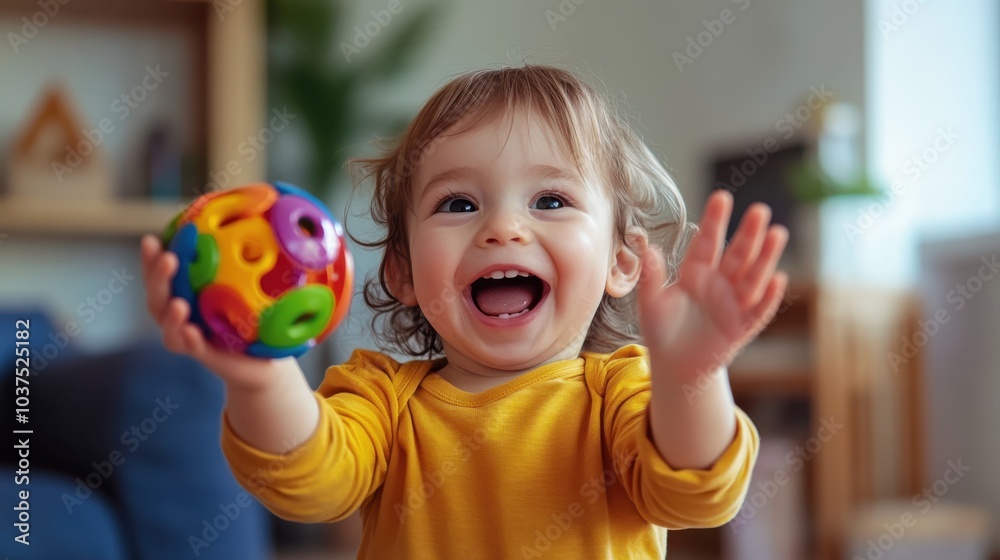 A joyful toddler in a yellow shirt holding a colorful ball, smiling brightly indoors with a blurred background depicting a cozy and playful home environment. A joyful toddler in a yellow shirt holding a colorful ball, smiling brightly indoors with a blurred background depicting a cozy and playful home environment.