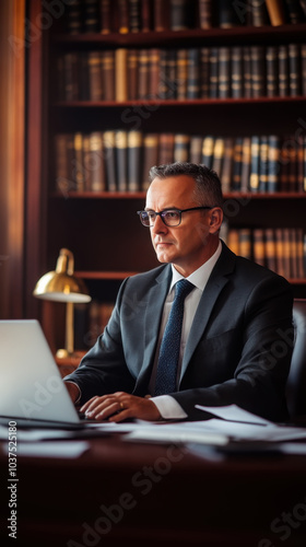 Focused lawyer working on laptop in classic office setting