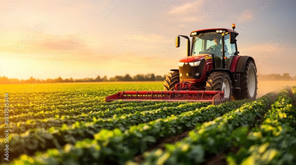 A vibrant red tractor operates in a lush green field at sunset, capturing the essence of agriculture with warm lighting and clear skies in a rural setting. A vibrant red tractor operates in a lush green field at sunset, capturing the essence of agriculture with warm lighting and clear skies in a rural setting.