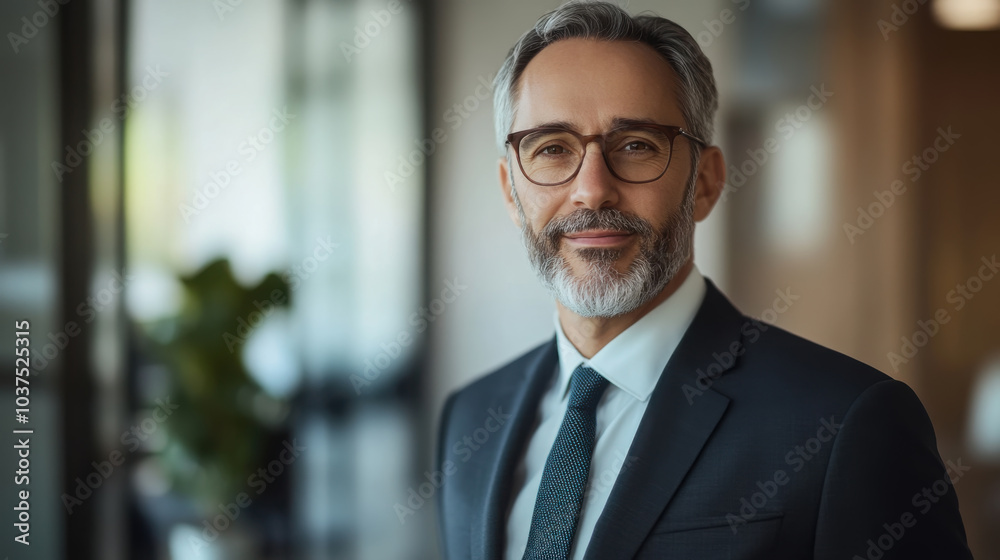 Confident businessman in modern office setting with warm lighting Confident businessman in modern office setting with warm lighting