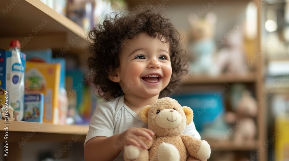 A joyful child is holding a plush teddy bear, laughing cheerfully in a colorful toy store, capturing the essence of innocence and the delight of childhood. A joyful child is holding a plush teddy bear, laughing cheerfully in a colorful toy store, capturing the essence of innocence and the delight of childhood.