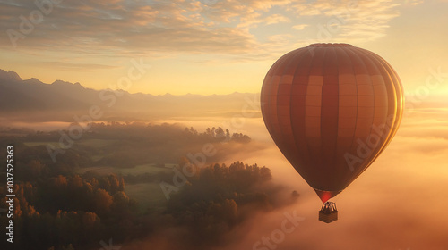 A hot air balloon drifting gently in the morning sky.