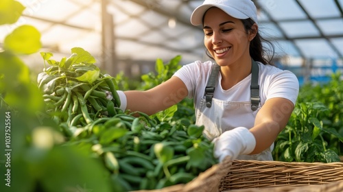 A cheerful, smiling woman is collecting green beans in a greenhouse, symbolizing joy and fulfillment in sustainable farming. The atmosphere is bright and lively. photo