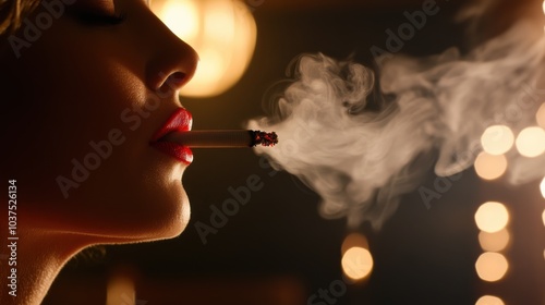 Close-up of a woman with bright red lips smoking a cigarette, surrounded by swirling smoke, highlighted in dramatic lighting with a blurred background. photo