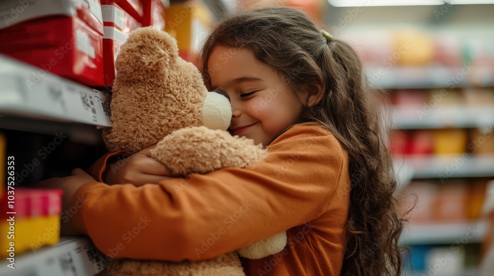 In a toy aisle, a young girl in an orange outfit tightly hugs her beloved teddy bear, exuding joy and warmth in a world full of colorful toys.